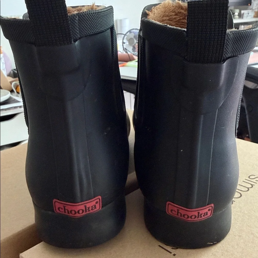 Chooka Cozy Fleece-Lined Black Rain Ankle Boots